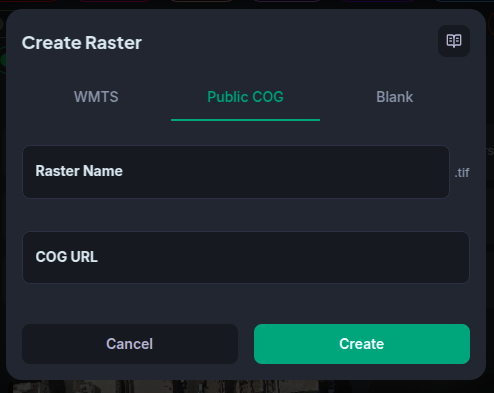Public COG creation dialog — paste a public COG URL and confirm