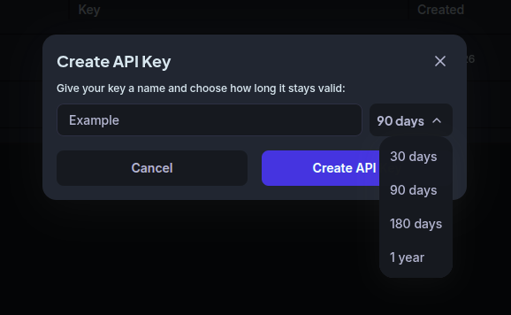Create API Key dialog