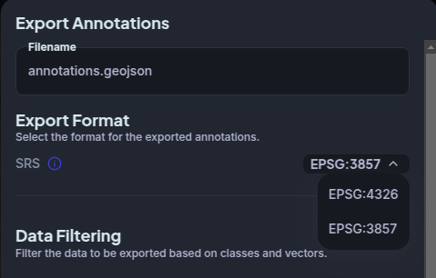 Export Format section — CRS selector