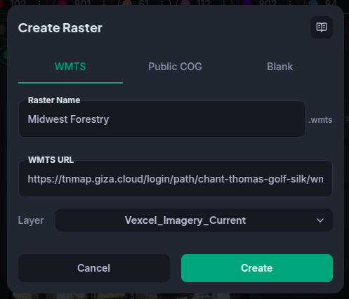 WMTS creation dialog — enter the service URL and layer name