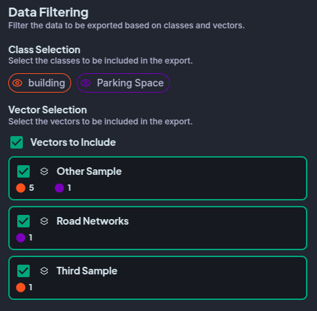 Data Filtering section — class and vector layer selectors