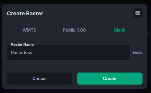 Rasterless creation dialog — enter the raster name