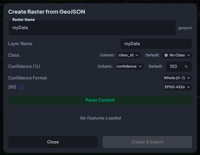 GeoJSON drop confirmation dialog — configure and confirm the name