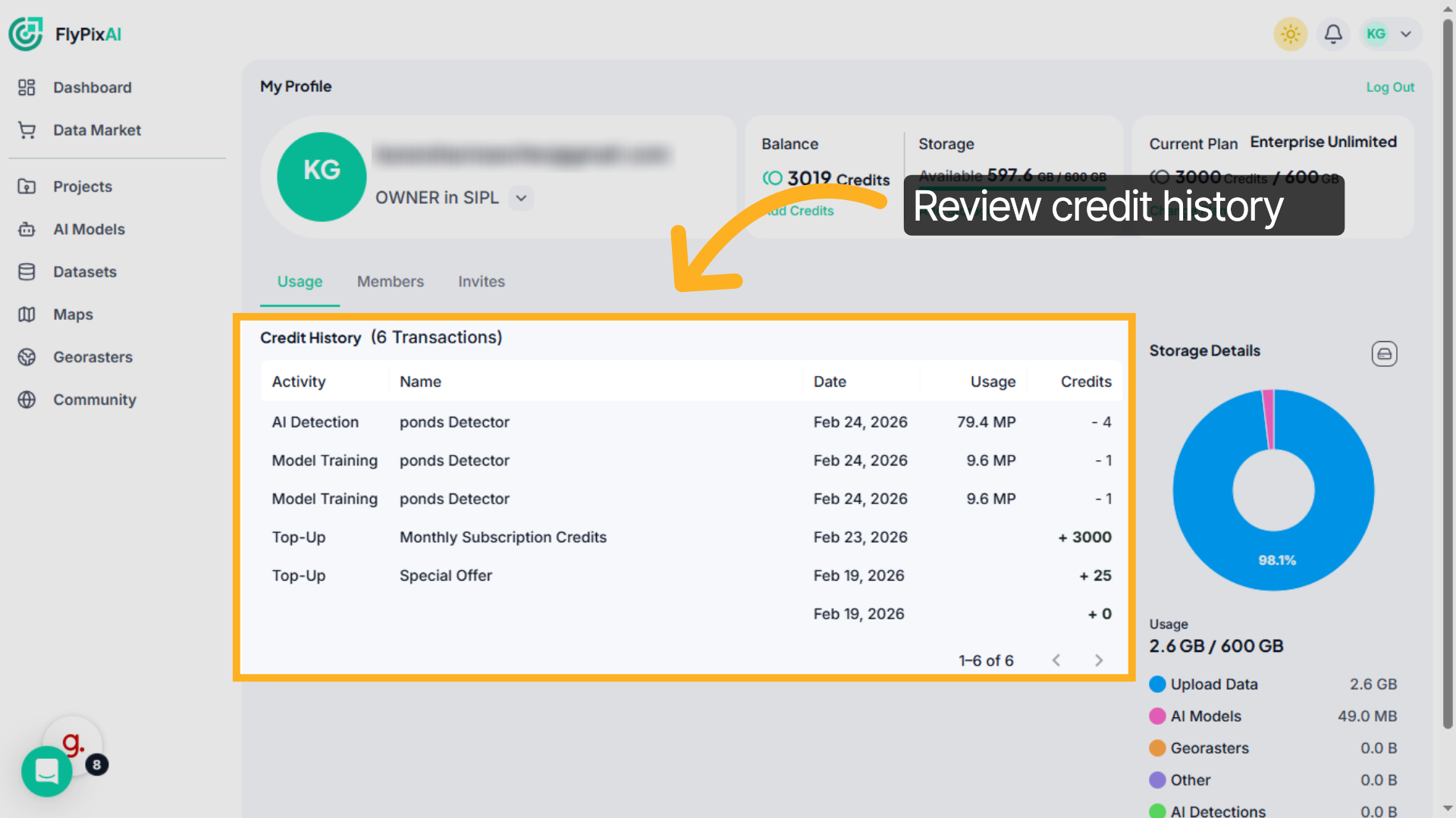 Access Credit Transaction History
