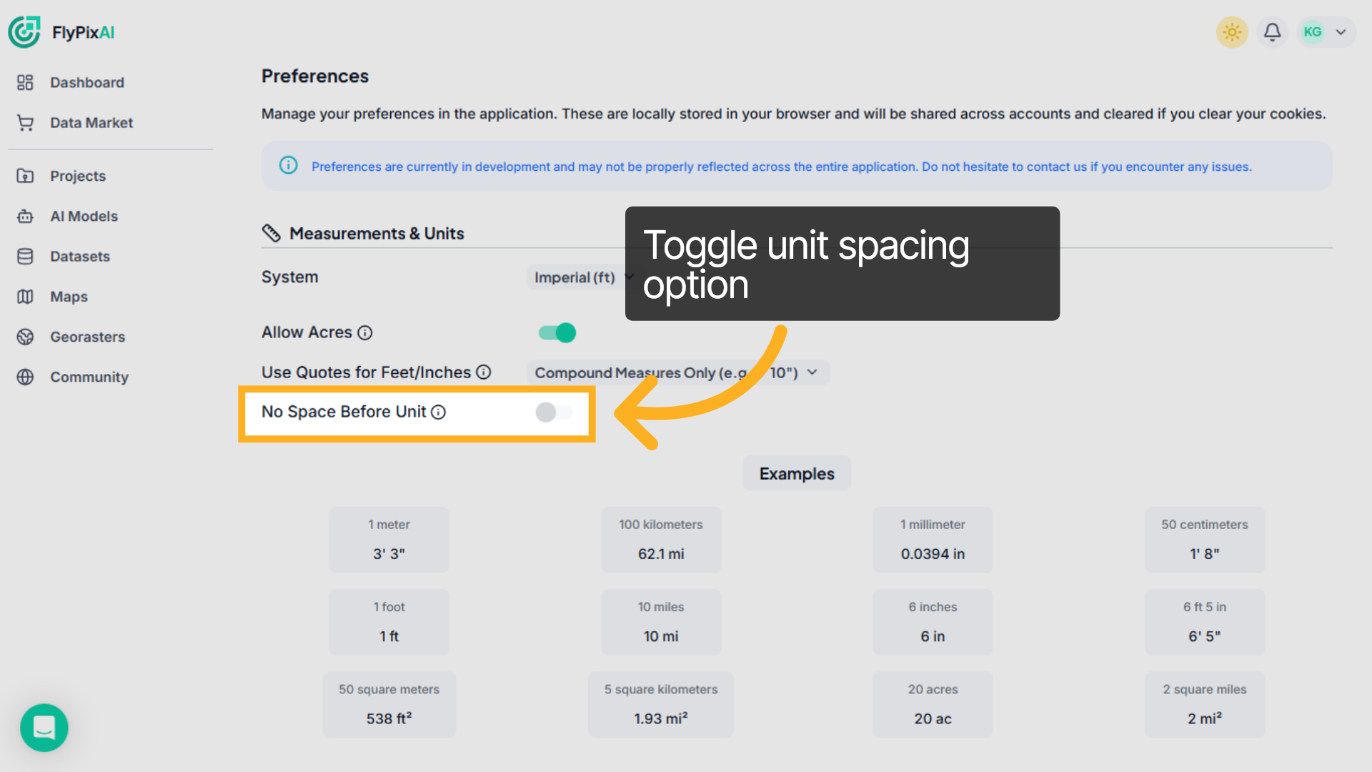 Toggle unit spacing option