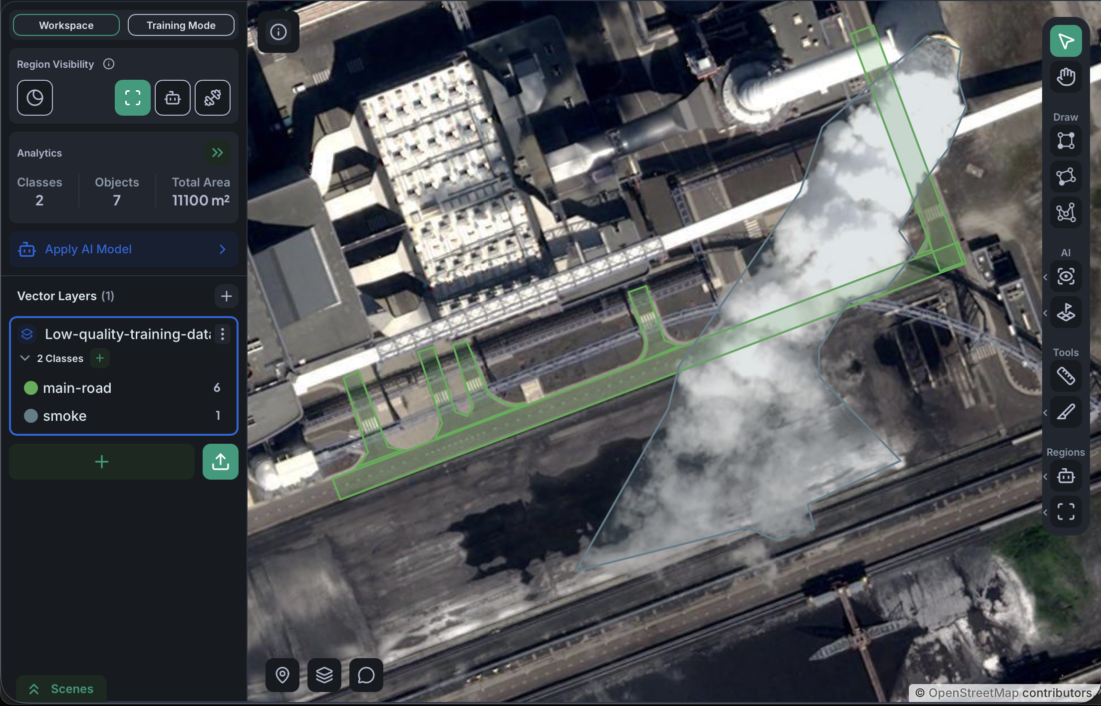 Bad segmentation annotation: a single smoke polygon drawn over a scene where it overlaps with the road polygons