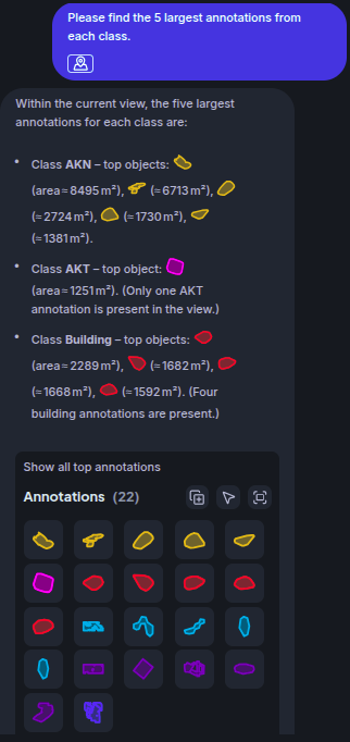 Result: ranked table of the largest annotations by class