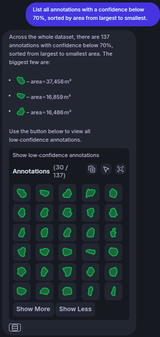 Result: table of low-confidence detections sorted by area descending