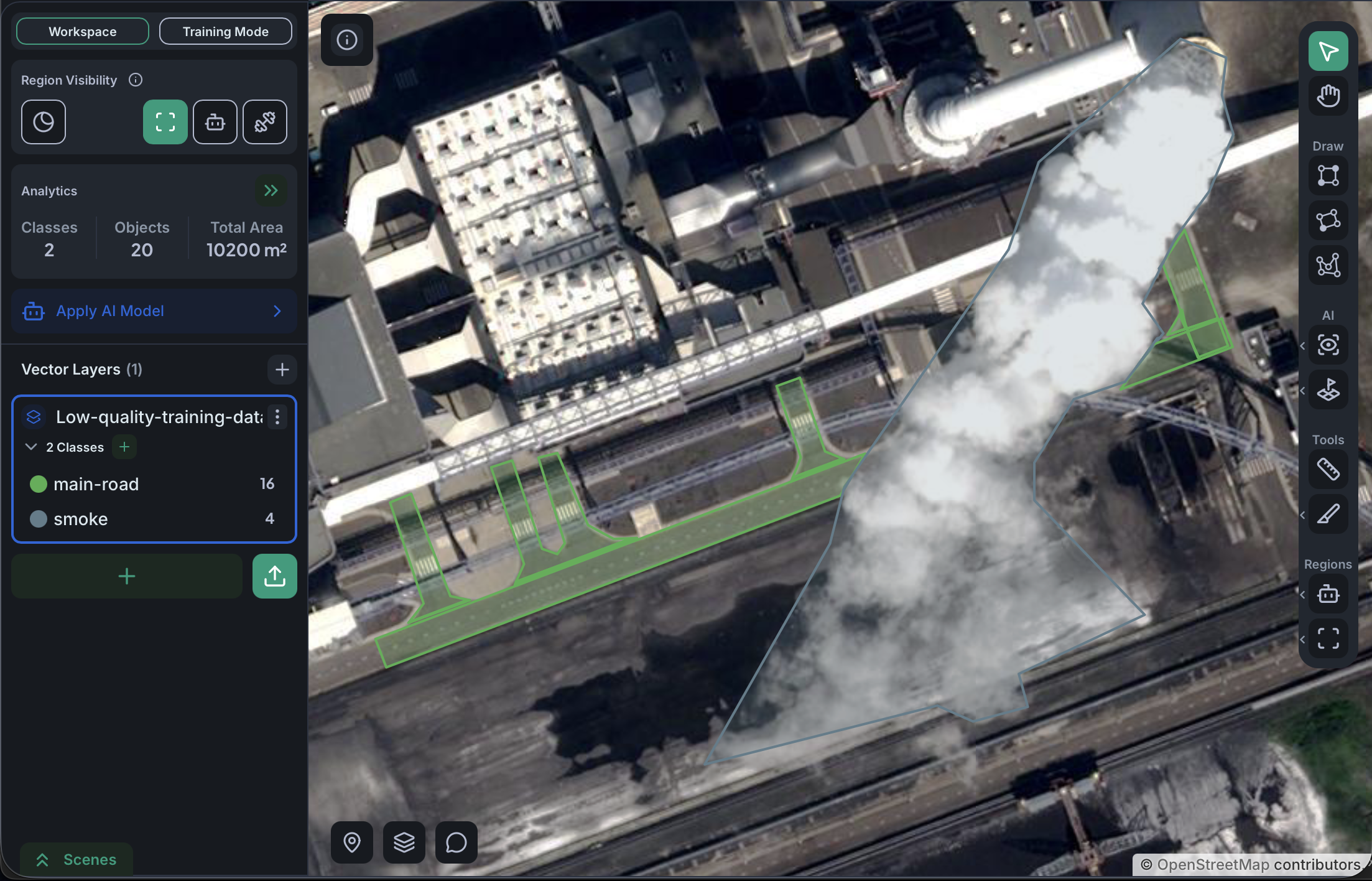 Good segmentation annotation: smoke and road drawn as separate non-overlapping polygons