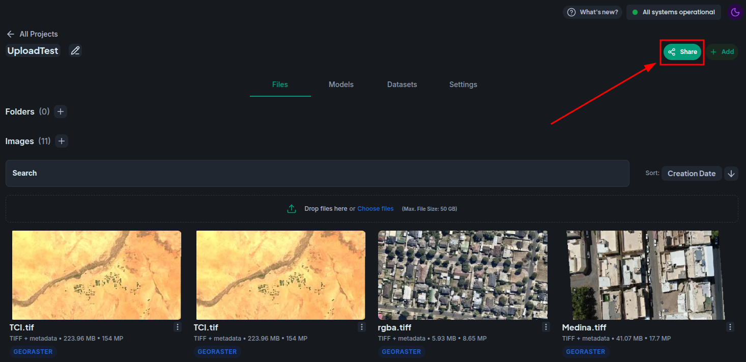 Open the Share button on a project