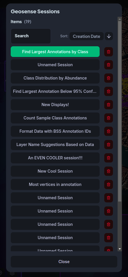 GeoSense session browser panel