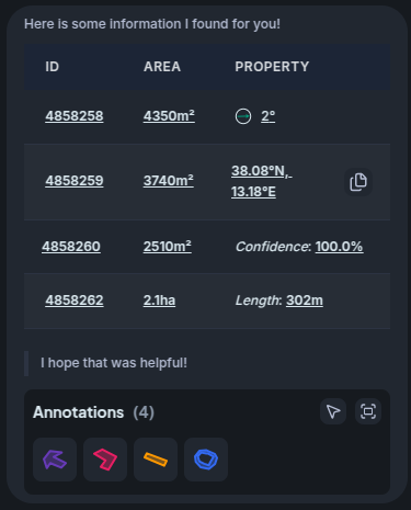 Screenshot: Table response with display blocks in one column