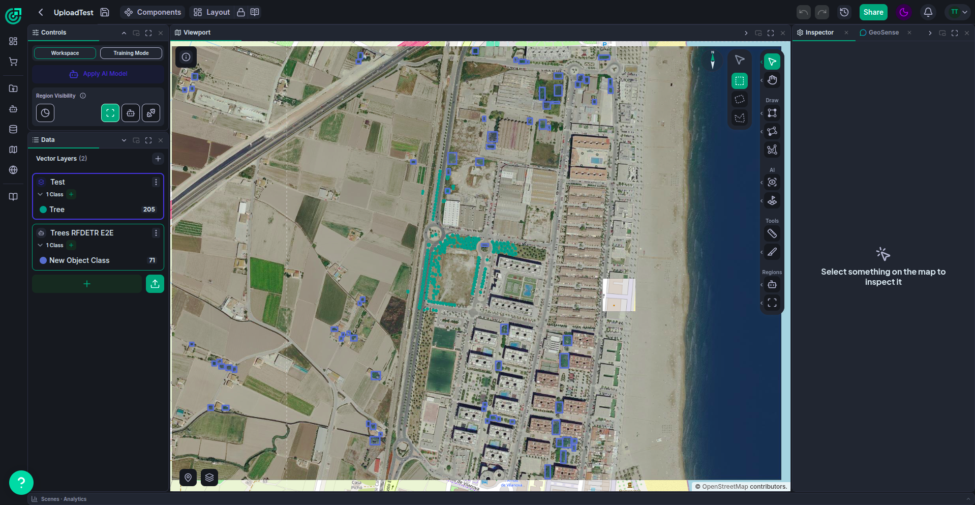 The workspace, with the Controls, Data, Viewport, Inspector and GeoSense panels docked around the map and Scenes · Analytics collapsed along the bottom
