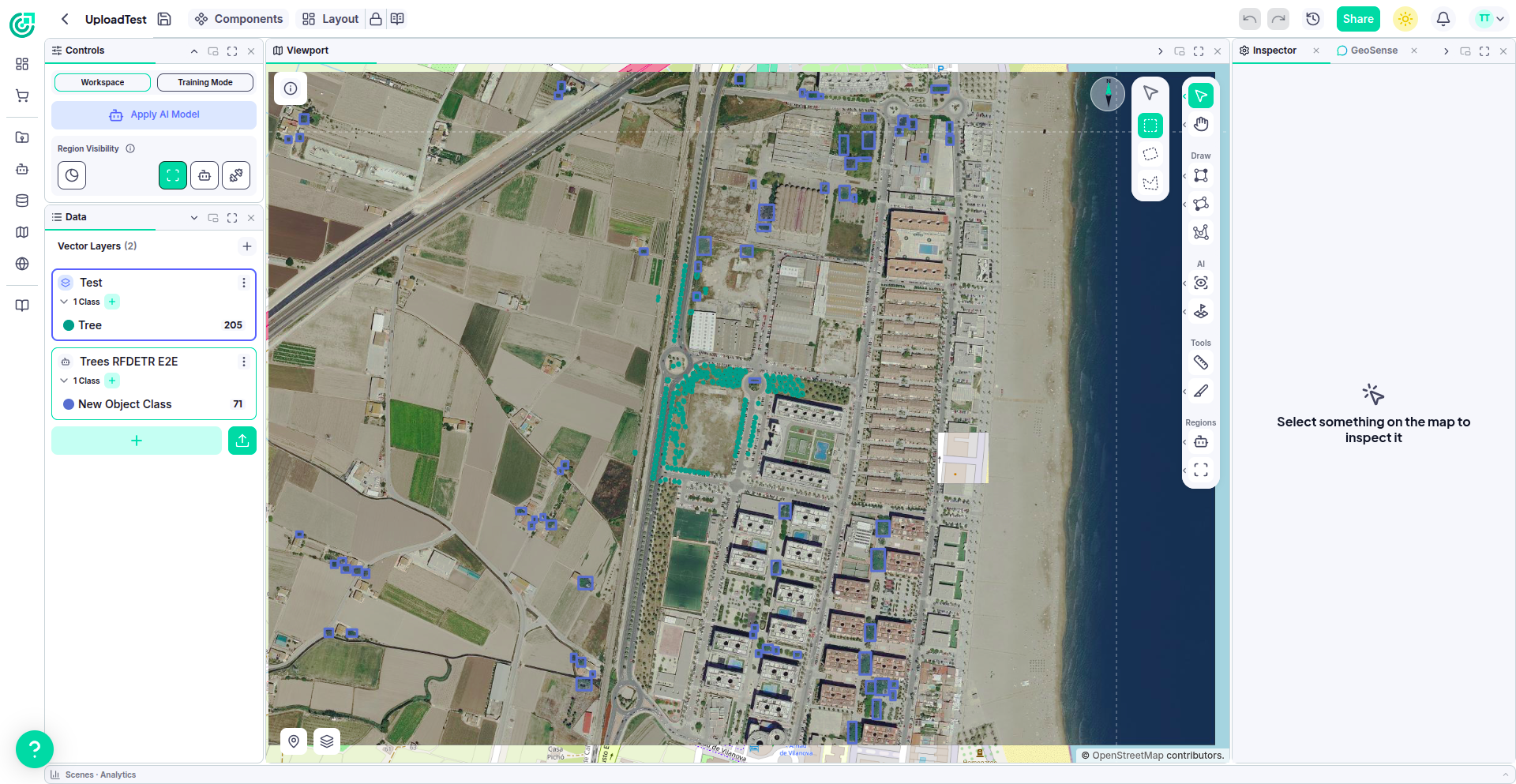 The workspace, with the Controls, Data, Viewport, Inspector and GeoSense panels docked around the map and Scenes · Analytics collapsed along the bottom